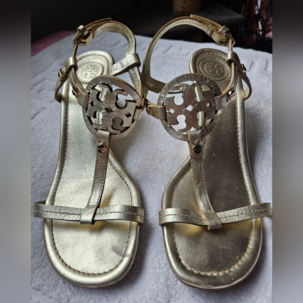 Tory Burch Metallic Gold Logo T-Strap Sandals